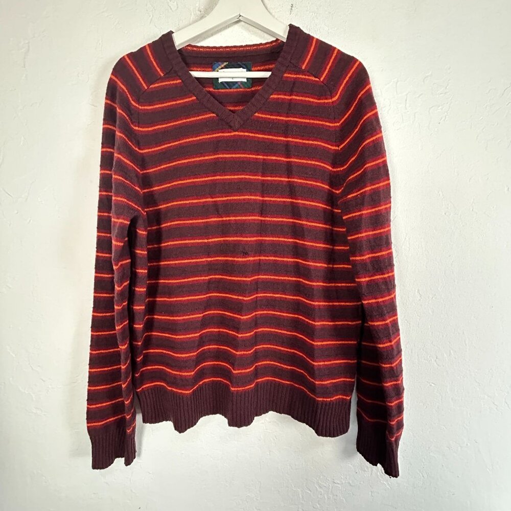 Giordano Mens Pure New Wool V-Neck Sweater Red & Orange Striped Large Pullover